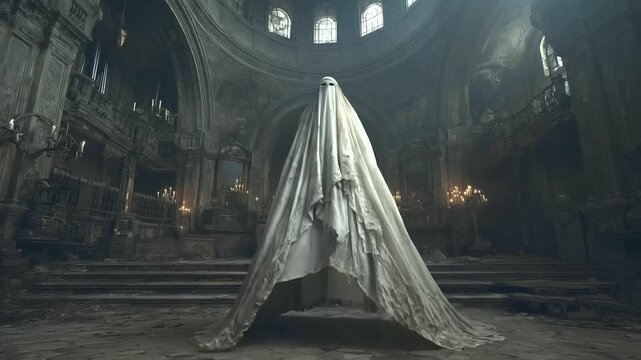 Phantom bride with torn veil walking in abandoned church. halloween horror, bride ghost, church ai