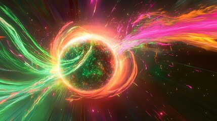 Abstract colorful nebula with vibrant green and pink light trails
