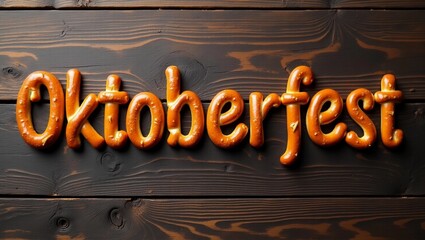 Oktoberfest sign made of pretzels on a wooden table