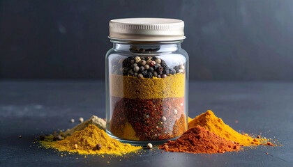 A glass jar filled with various spices, with some spices spilled out on the surface.