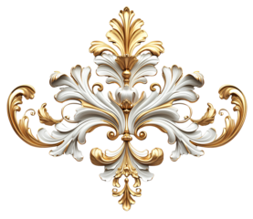 ornate rococo scrollwork decoration, gold and ivory color isolated on a transparent background.
