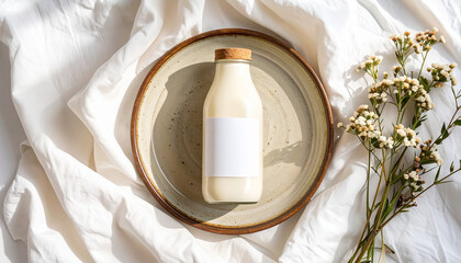 A bottle of creamy beverage with a blank label on a plate with flowers and a white cloth.