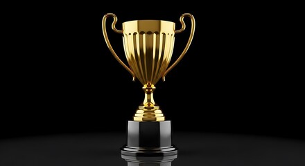Gleaming gold award trophy sits prominently against a dark black background displaying victory and success