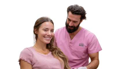 Patient's Smile in Consultation: A young woman beams with a radiant smile as a healthcare professional offers reassuring consultation. The scene conveys trust, well-being.