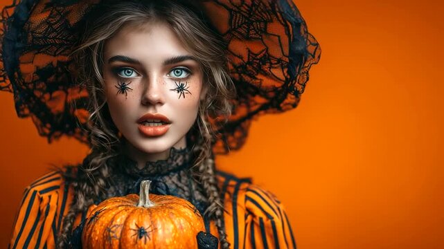 Scary glamorous witch with bloody tear Halloween makeup holding pumpkin covered in spiderweb, isolated on orange backdrop. halloween witch, halloween makeup, halloween woman, 