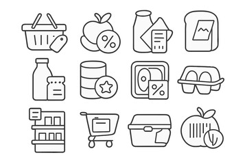 Grocery Sale Icons. Line style icons of grocery sales: shopping basket with tag, fruit with percent label, bread loaf with flyer,