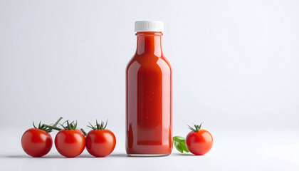 A clear glass bottle of tomato ketchup stands beside fresh red tomatoes, a culinary composition.