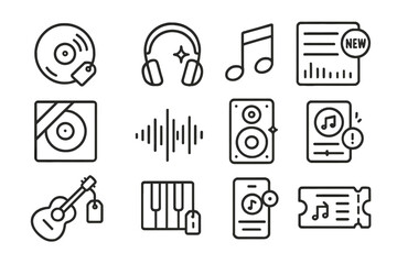 New Music Icons. Line style icons of new music releases: vinyl record with tag, headphones and sparkle, music note icon, playlist