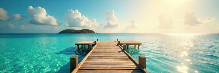 Obraz premium Serene island dock extending into calm turquoise water, bathed in golden sunlight Perfect for travel, vacation, and idyllic getaway imagery , golden, sun, coast