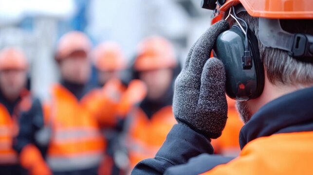 Focused medium shot of a worker putting on ear protection before starting work while peers listen to a safety briefing blurred beyond.