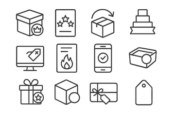 Subscription Icon Collection. Line style icons of top subscriptions: box with crown badge, plan card with stars, recurring