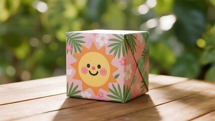 Colorful cube with a smiling sun design placed on a wooden surface outdoors