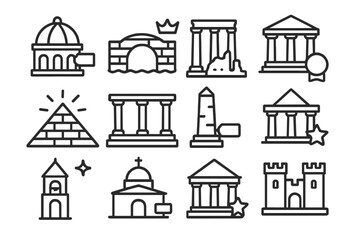 Obraz premium Iconic Architectural Illustrations. Line style icons of old architecture: dome structure with tag, brick bridge with crown,