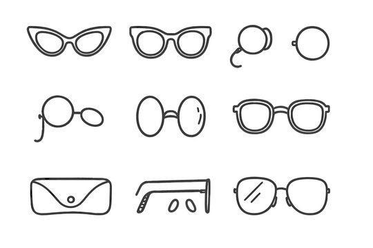 Vintage Eyewear Icons. Line style icons of vintage eyewear: cat eye glasses, horn-rimmed spectacles, pince-nez, round wireframe;