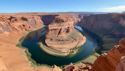 Desert canyon with dramatic red rock formations, winding river carving through cliffs, vibrant contrast of earth tones and blue sky, wide angle shot