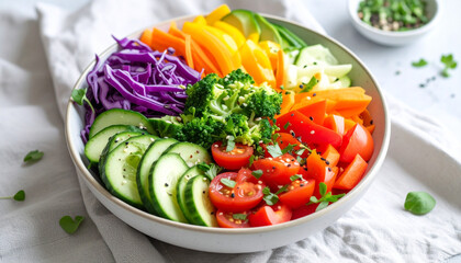Vibrant and colorful rainbow salad bowl featuring an assortment of fresh, raw vegetables arranged artfully.