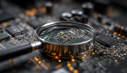 Magnifying glass over circit board analyzes cyber seurity. Digital data, encrytion, protection strategy,risk assessment, vulnerabiity analysis, IT security,network management.
