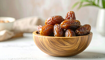 Close-up shot of a wooden bowl filled with fresh, ripe, and delicious dates, ready to eat.
