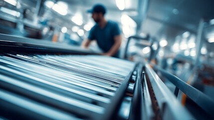 Worker Inspecting Metal Conveyor Belt at Modern Factory Facility Indoors