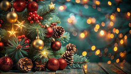 Festive Christmas Tree Decor with Bokeh Lights and Elegant Ornaments for a Holiday Celebration