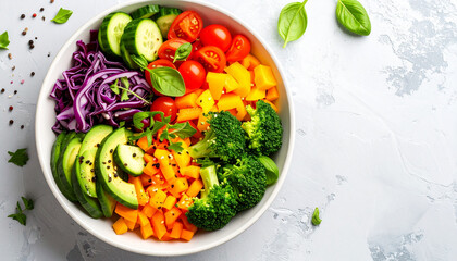 A vibrant and colorful vegetarian salad bowl with a variety of fresh vegetables and ingredients.