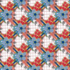 Abstract art deco nouveau seamless floral with blue line and white background