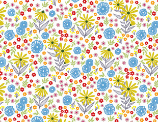 Seamless pattern with colorful flowers blue cyan yellow red pink in white background