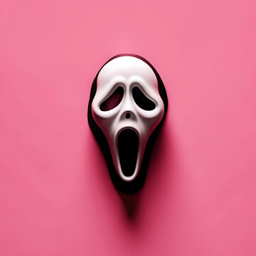 Iconic scream mask with open mouth on a vibrant pink background