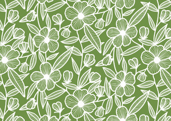 Seamless floral flowers pattern with white outline and green leaves background