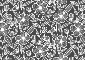 Seamless floral flowers pattern with white outline and black coal background