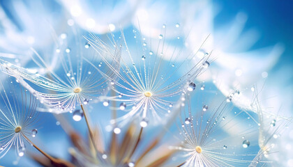 Close-up of a dandelion seed head with water droplets, showcasing delicate details against a blue background.
