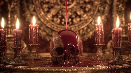 Skull altar surrounded by burning candles dripping blood. halloween horror, skull, altar, spooky, eerie, scary, creepy, october, festive, haunted, dark - Powered by Adobe