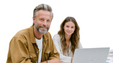 Collaborative Partners: Two professionals, a man and woman, working closely on a laptop. A portrait of teamwork, capturing the essence of partnership and professional collaboration.