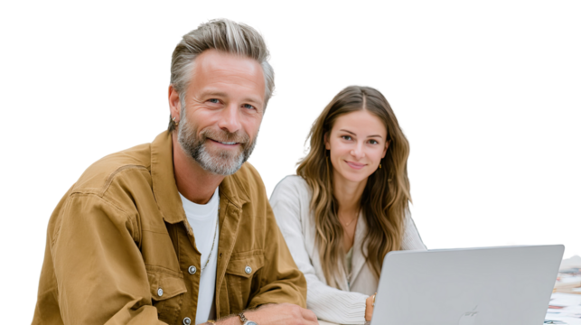 Collaborative Partners: Two professionals, a man and woman, working closely on a laptop. A portrait of teamwork, capturing the essence of partnership and professional collaboration.