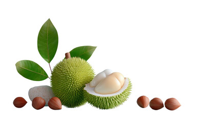Durian Delight: A beautifully composed close-up showcases the exotic durian fruit, revealing its creamy, custard-like flesh alongside its distinctive spiky husk, a few nuts and a few leaves.