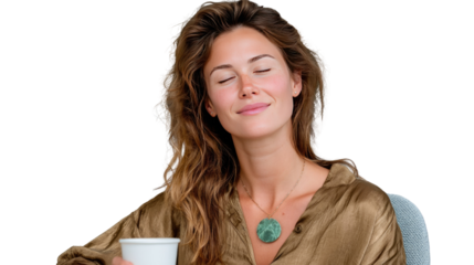 Serene Woman Enjoying a Drink: A radiant woman exudes tranquility while savoring a refreshing beverage, her closed eyes reflecting contentment. Captured in a natural, lifestyle setting. 