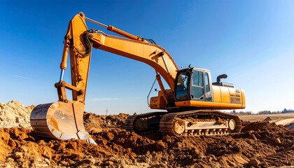 Obraz premium Yellow heavy excavator machine digs dirt at a busy construction site