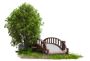 small classic bridge and garden PNG transparent background, 3d illustration rendering 