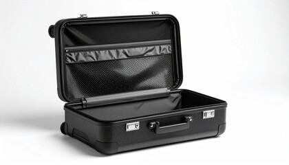 Open black suitcase with handle and wheels, empty interior, ready for travel or storage.