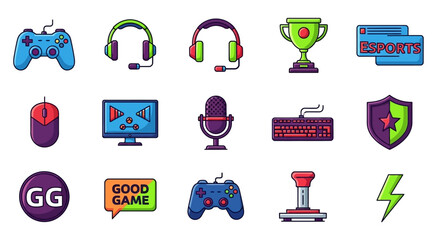 A vibrant and colorful collection of cartoon-style video game and esports icons, including controllers, headsets, and trophies.