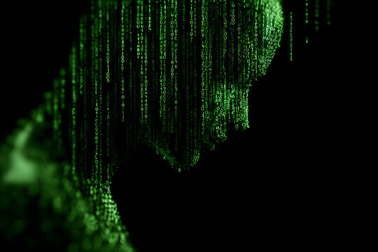 Abstract digital background with a concept of data beach, cybersecurity, or haking, featuring green binay code and a silhouette ofa head, ideal for technoloy-related designs with cop space