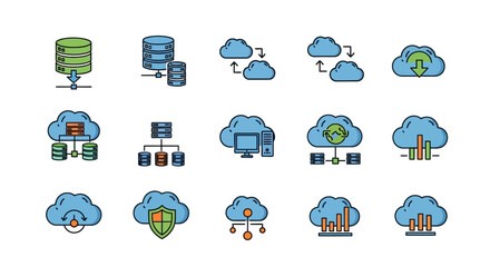 Obraz premium Colorful filled-outline icon set for cloud computing, database storage, and server networking.