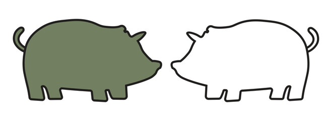 Cute pig silhouettes vector illustration in outline and solid flat style