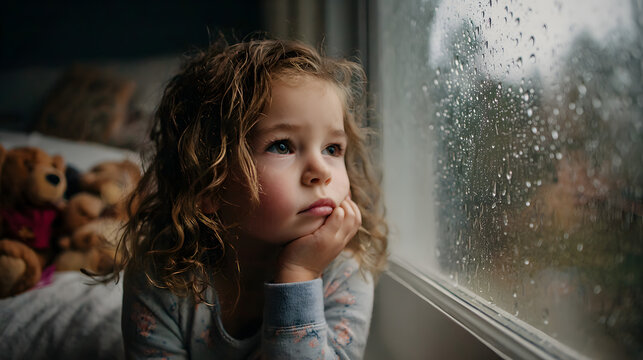 Rainy Day Reflections: A pensive child gazes through a rain-streaked window, lost in thought. The scene evokes feelings of introspection and solitude. - Powered by Adobe