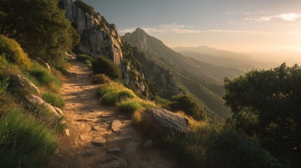 Naklejka premium Winding mountain trail bathed in warm golden hour sunlight, revealing breathtaking scenic vistas.