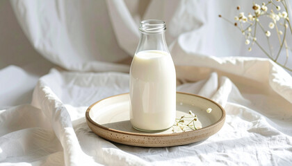 A glass bottle filled with creamy white liquid, possibly milk, sits on a ceramic plate.