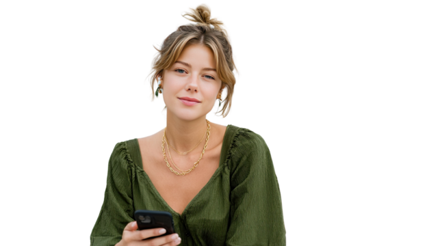 Young Woman Holding Phone: A young, radiant woman, her hair pulled back in a casual bun, holds her phone and wears ear buds. The image captures a moment of modern connection and casual elegance.
