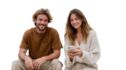 Couple Connecting with Technology: A charming couple shares a moment, with one captivated by a sleek phone, embodying modern connection and contentment. 