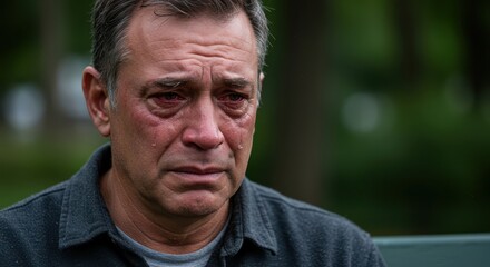 A man's face, deeply expressive, filled with sorrow and tears, sits outdoors in a muted, natural light.