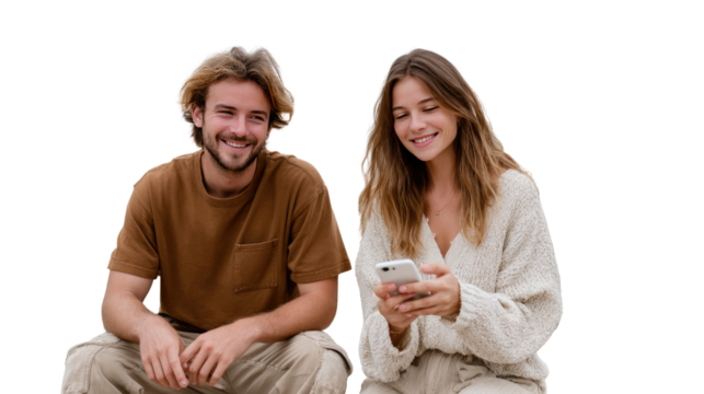 Couple Connecting with Technology: A charming couple shares a moment, with one captivated by a sleek phone, embodying modern connection and contentment. 